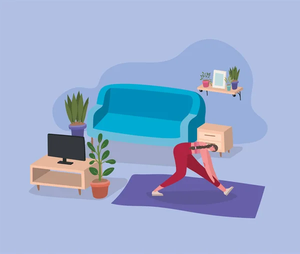 Femme faisant du yoga sur tapis devant la télévision à la maison design vectoriel — Image vectorielle