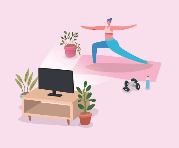 Mulher fazendo ioga no tapete na frente da tv em design de vetor em casa — Vetor de Stock