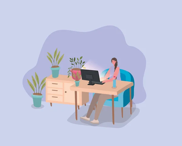 Γυναίκα με υπολογιστή στο γραφείο και φυτά μέσα γλάστρες διανυσματικό σχεδιασμό — Διανυσματικό Αρχείο