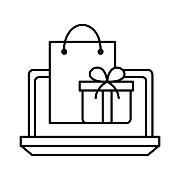 Portátil con bolsa y línea de regalo icono de estilo diseño de vectores — Vector de stock