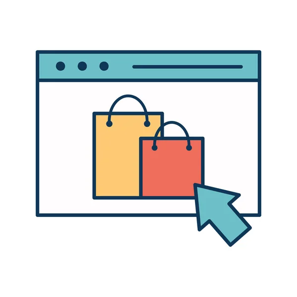Bolsas de compras dentro de la línea del sitio web y llenar diseño de vectores icono de estilo — Vector de stock
