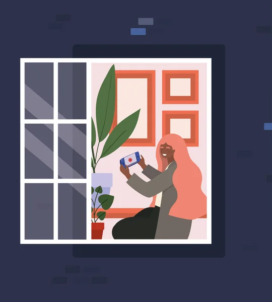 Femme avec smartphone à la fenêtre de conception vectorielle bâtiment bleu — Image vectorielle