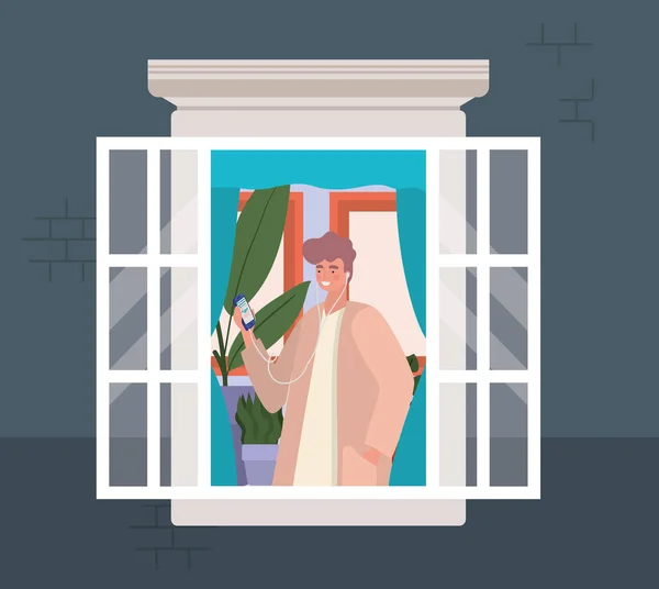 Homme avec smartphone à la fenêtre de conception vectorielle bâtiment bleu — Image vectorielle
