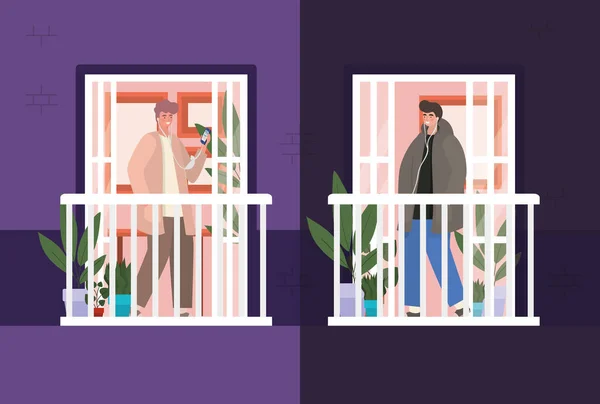 Чоловіки зі смартфоном у вікні фіолетового будівництва Векторний дизайн — стоковий вектор