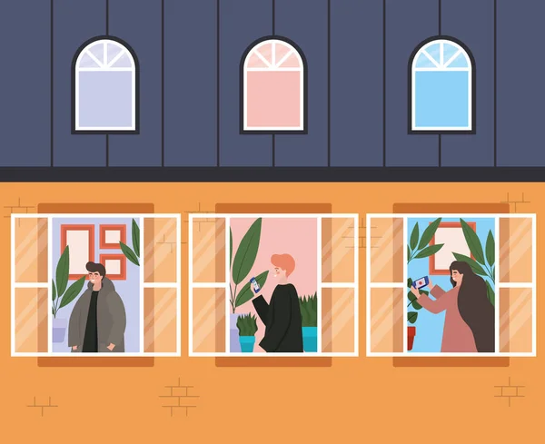 Personnes avec smartphone aux fenêtres de conception vectorielle bâtiment orange — Image vectorielle