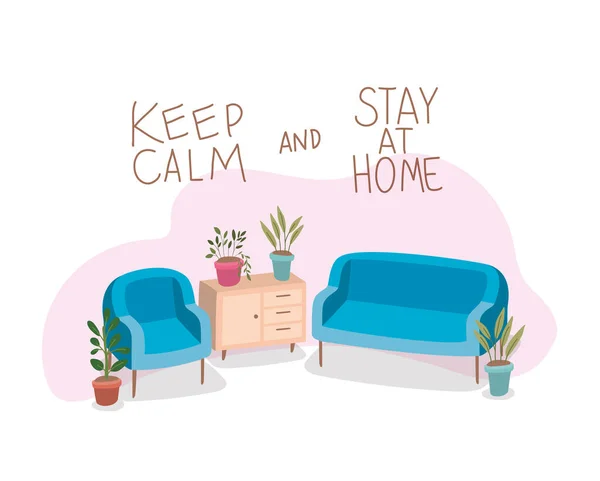 Couch seat furniture and plants inside pots vector design — Stock Vector