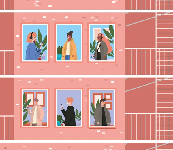 Personnes avec smartphone aux fenêtres du bâtiment rose avec escalier d'évacuation design vectoriel — Image vectorielle