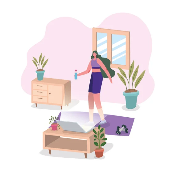 Femme faisant du sport sur tapis devant la télévision à la maison design vectoriel — Image vectorielle