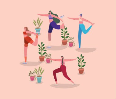Kadınlar, tencere vektör tasarımında bitkilerle yoga yapıyor.