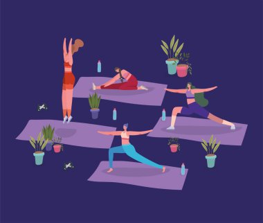 Kadınlar tencere içinde bitki olan minderlerde yoga yapıyor.