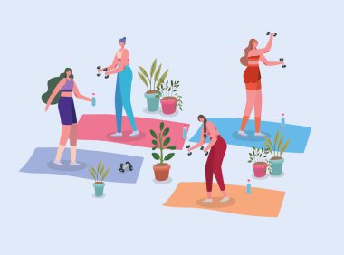 Kadınlar tencere içinde bitki olan minderlerde spor yapıyor.