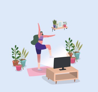 Ev-vektör tasarımında kadın, televizyon karşısında yoga yapıyor.