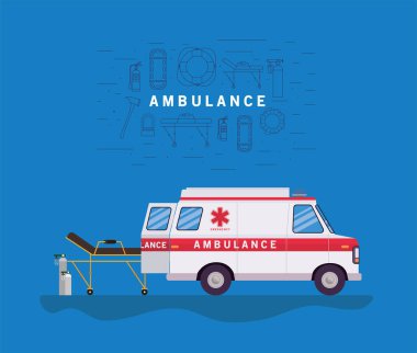 Ambulans ilkyardım aracı yan görünümü oksijen silindirleri ve sedye vektör tasarımı
