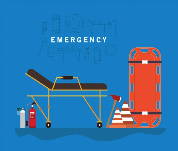 Conos camilla de emergencia y cilindros de oxígeno diseño de vectores — Archivo Imágenes Vectoriales