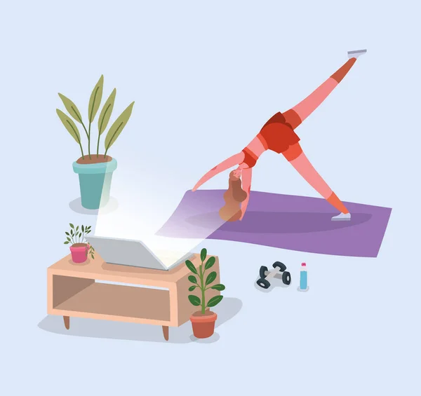 Mulher fazendo ioga no tapete na frente do laptop em design de vetor em casa — Vetor de Stock