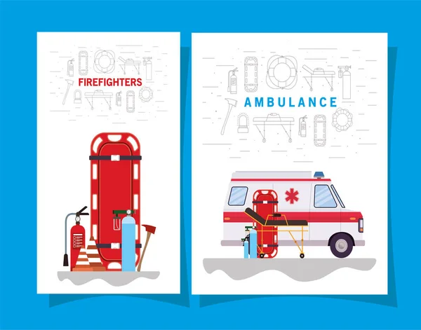 Ambulance paramedische auto en brandweerlieden pictogram set vector ontwerp — Stockvector