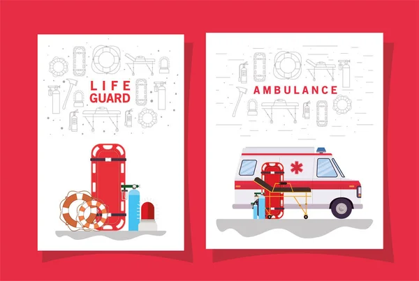 Barella bombole di ossigeno di ambulanza e progettazione vettoriale della boa di salvataggio — Vettoriale Stock