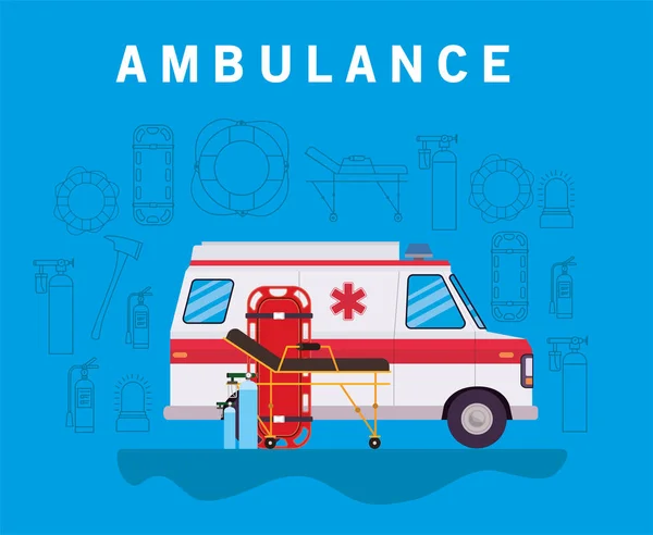 Ambulancia paramédica coche vista lateral cilindros de oxígeno y camilla vector diseño — Archivo Imágenes Vectoriales