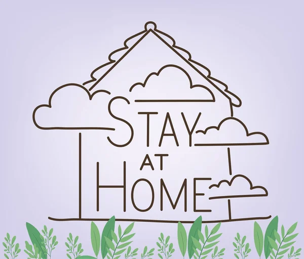 Bleiben Sie zu Hause und Hausbau mit Wolken Vektor-Design — Stockvektor