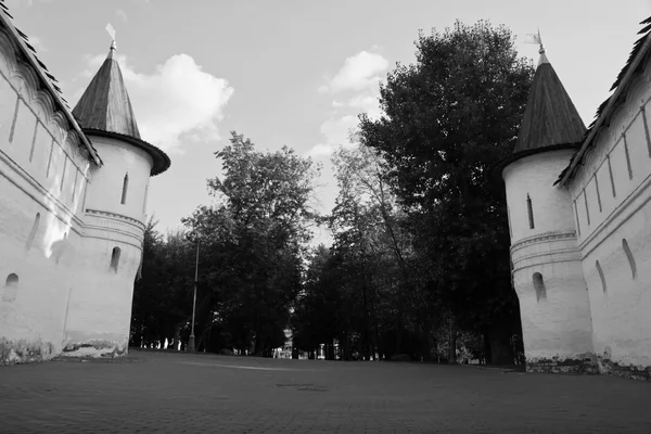 Torres do mosteiro antigo preto e branco — Fotografia de Stock