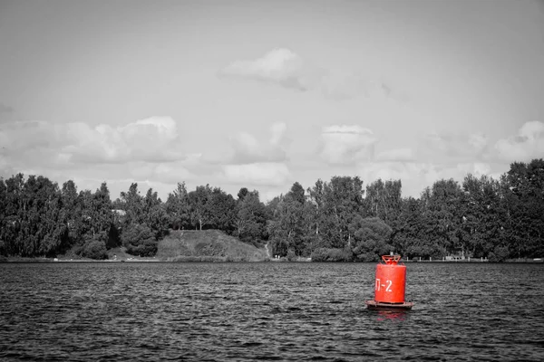 Буй на озері в літній день чорно-білий — стокове фото