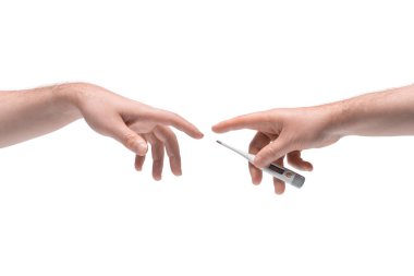 Two male hands passing one another medical electronic thermometer on white background clipart