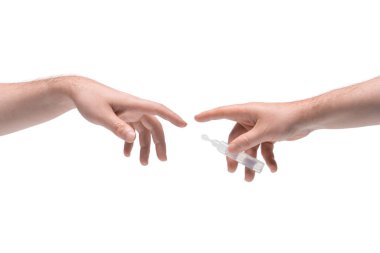 Two male hands passing one another small plastic phial with clear liquid on white background clipart