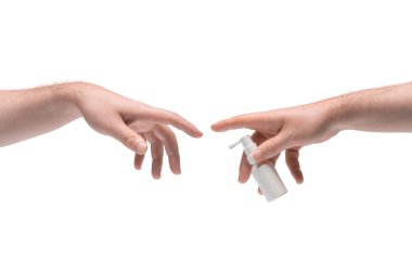 Two male hands passing one another white small mouth spray on white background clipart