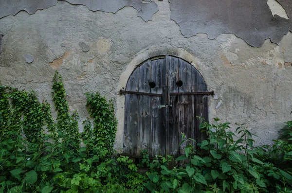 Drewniane drzwi w zamkowym ogrodzie — Zdjęcie stockowe