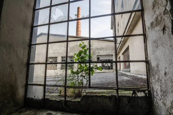 Vista através da janela na fábrica abandonada — Fotografia de Stock