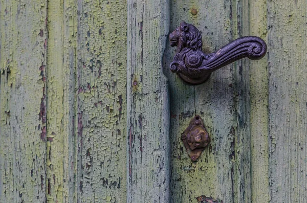 Wooden door with decorated door handle — Stock Photo, Image