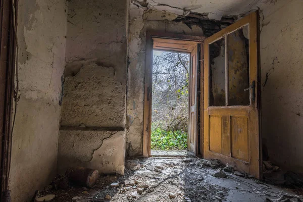 Открытая деревянная дверь изнутри дома — стоковое фото