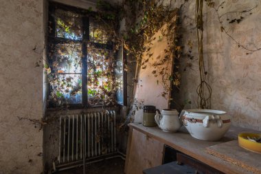 Bir odadaki eski bir pencerenin yanında kase