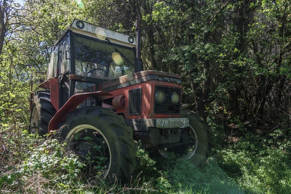 Red old tractor in the forest — Stock Photo, Image