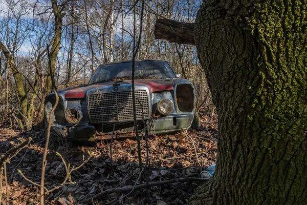 Kilátás Régi Rozsdás Mercedes Fájáról — Stock Fotó