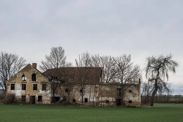 Oude Verlaten Molen Bomen Het Land — Stockfoto