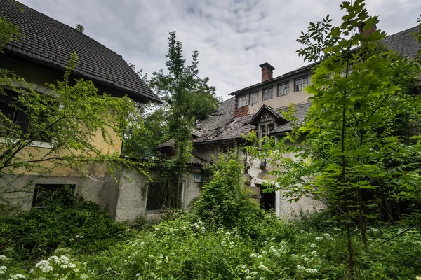 Stary Zarośnięty Zajazd Drzewami Roślinami — Zdjęcie stockowe