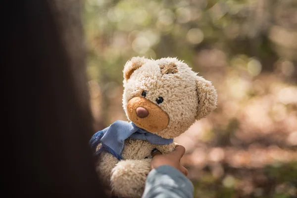 Mano chica con osito de peluche. concepto de amistad —  Fotos de Stock