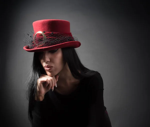 Elegant Woman Red Vintage Hat Thinking — Stock Photo, Image