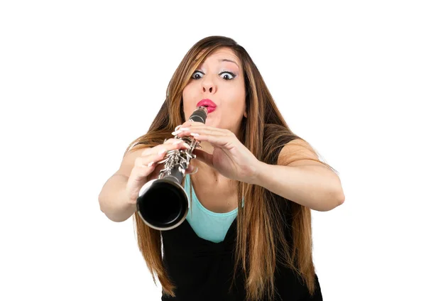 Funny Woman Her Clarinet — Stock Photo, Image