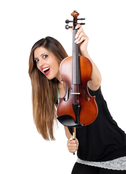 Funny Beautiful Woman Holding Her Violin Isolated — Stock Photo, Image