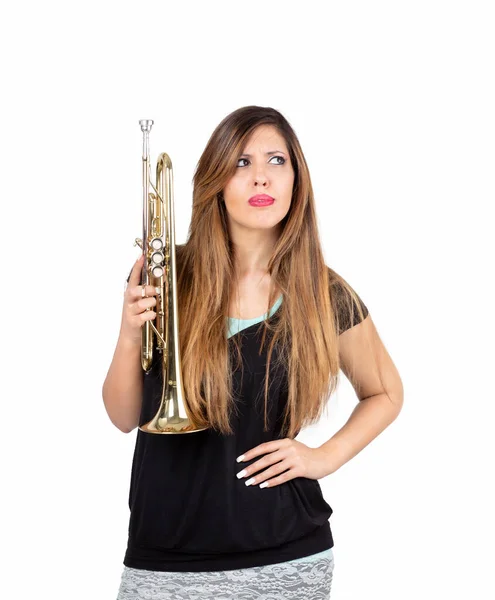 Funny Woman Holding Trumpet Isolated Withe Background — Stock Photo, Image