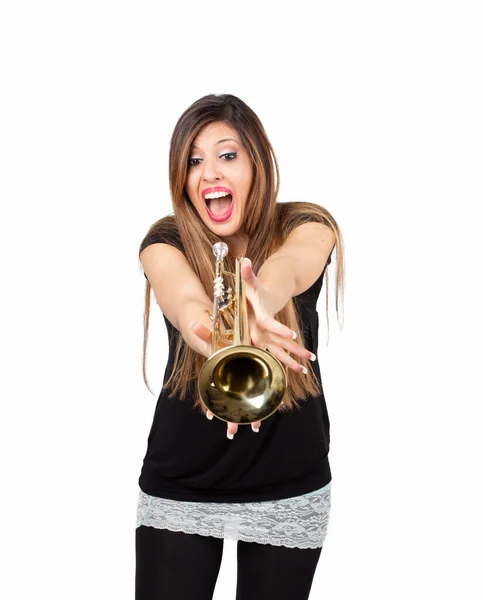 Funny Woman Holding Trumpet Isolated Withe Background — Stock Photo, Image