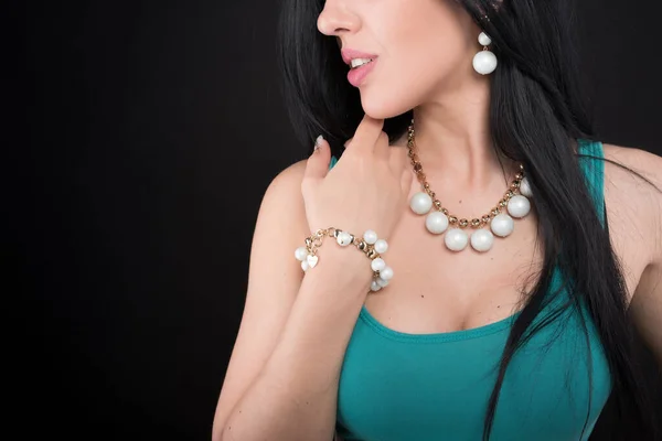 Young Woman Beautiful Jewelry Black Background Closeup — Stock Photo, Image