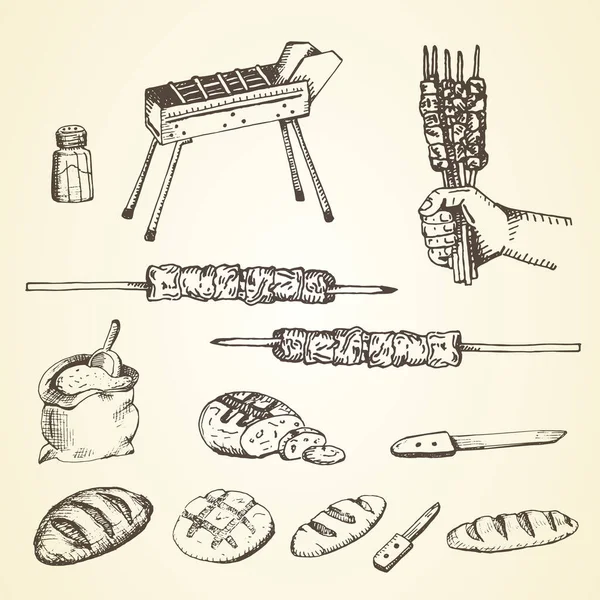 arrosticini set hand drawnbread, bıçak, tuz, el