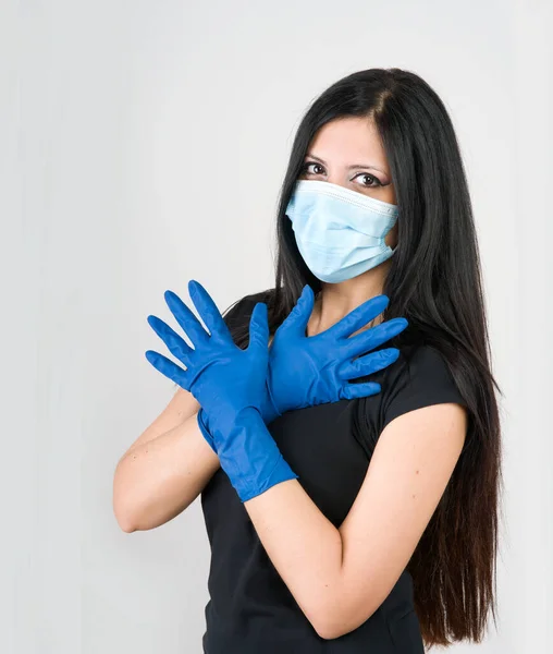 Beautiful Woman Recommends What Wear Prevention Gloves Mask Isolated — Stock Photo, Image