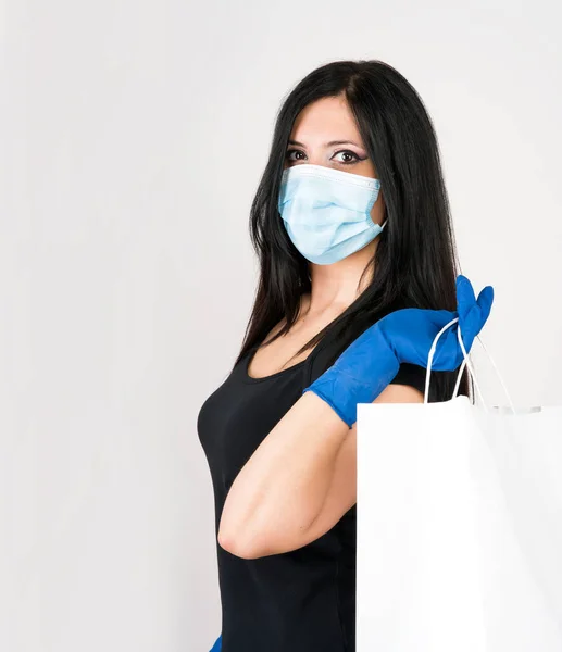 Bella Donna Consiglia Cosa Indossare Prevenzione Guanti Maschera Con Shopping — Foto Stock