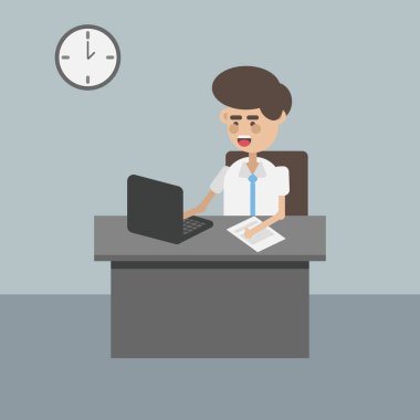 Vektör düz renkli komik karakter çalışma. Bir resepsiyon ve bilgisayarda yazarak belgeler office sandalyede oturan adam. İş zaman kavramı