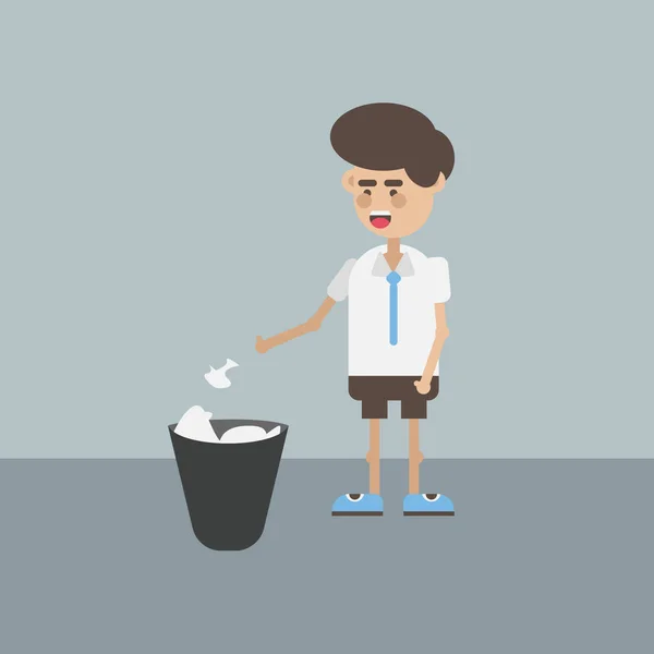 Vector flat colorful funny character working. Man standing in office chair with a trash bin full of paper. Stock Illustration