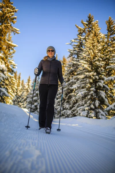 Woman in down jacket hiking with nordic walking poles on path in — Stock Photo, Image